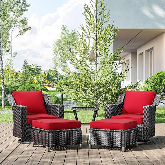 5 Pieces Wicker Patio Furniture, Luxury Outdoor Furniture with 2 Patio Swivel Chair, 2 Patio Ottoman and 1 Side Table, Wide Armrest, Thickened Cushions, Ideal for Deck, Porch Use