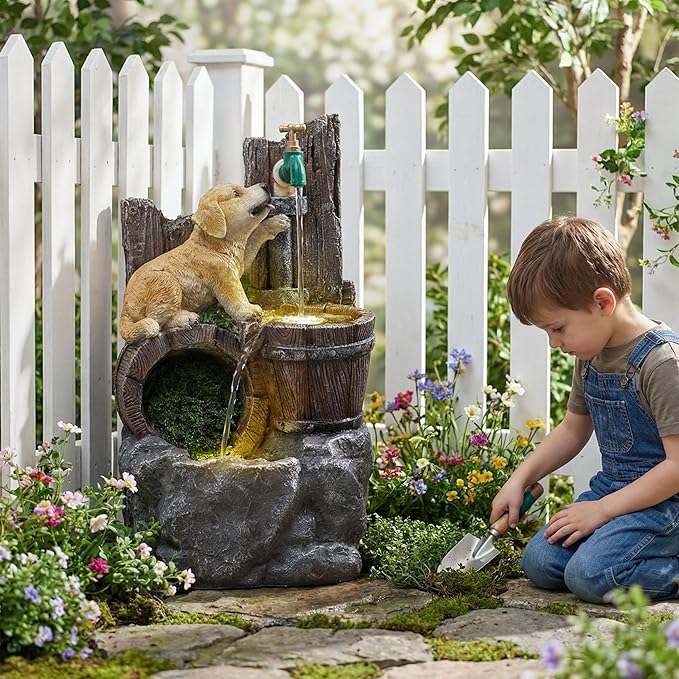 20-Inch Outdoor Water Fountain, 3-Tier Rustic Barrel Puppy and Pump Resin Waterfall Fountain with 2 LED Lights, Water Feature for Farmhouse, Garden, Patio, Backyard, Deck, Lawn in Brown