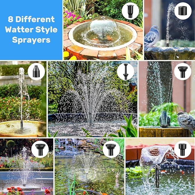 Antfraer Solar Fountain Pump 7W, Solar Water fountain for Bird Bath with Dry-Run Protection, Double-Layer Nozzles & 5Ft PVC Tubing for Bird Bath Small Pond Waterfall DIY Features