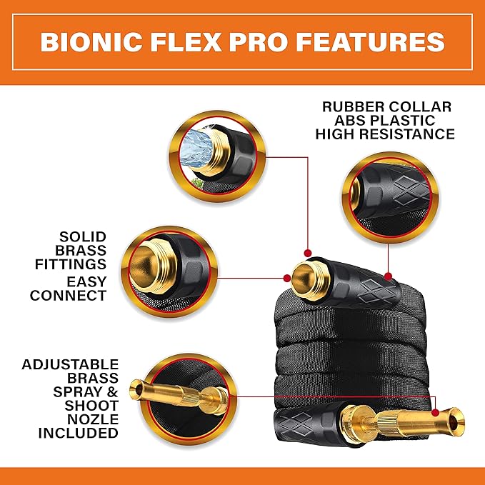 Bionic Flex PRO 25’ Garden Hose, Heavy Duty & Lightweight Weatherproof Garden Water Hose with Brass Fittings & Adjustable Brass Spraying & Shooting Nozzle, 500 PSI Tear Resistant, Kink Free Hose