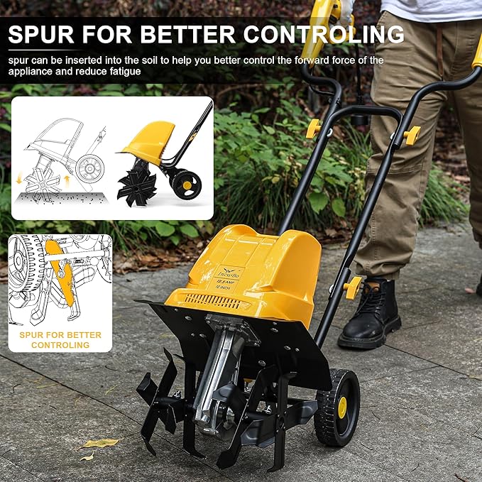 IncwBo Electric Tiller/Cultivator 4 Steel Tines, 8'' Tilling Depth Garden Roto Tillers for Gardening, 13.5 Amp 12 Inch Corded Rototiller with Adjustable Wheels, Yellow