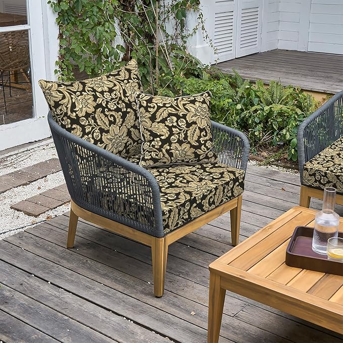 LVTXIII Outdoor/Indoor Deep Seat Cushion Patio Seat and Back Cushion Set All-Weather Replacement Chair Cushion for,Wicker Chairs and Garden Furniture Decoration, 24"x24"x4", Jacobean Black