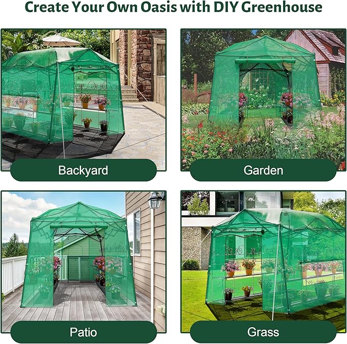 11 x 8.5 ft Portable Pop-up Walk-in Greenhouse, Portable Pop-up Green House 3 Adjustable Height Heavy Duty Plant Gardening Canopy with Durable PE Cover for Indoor Outdoor