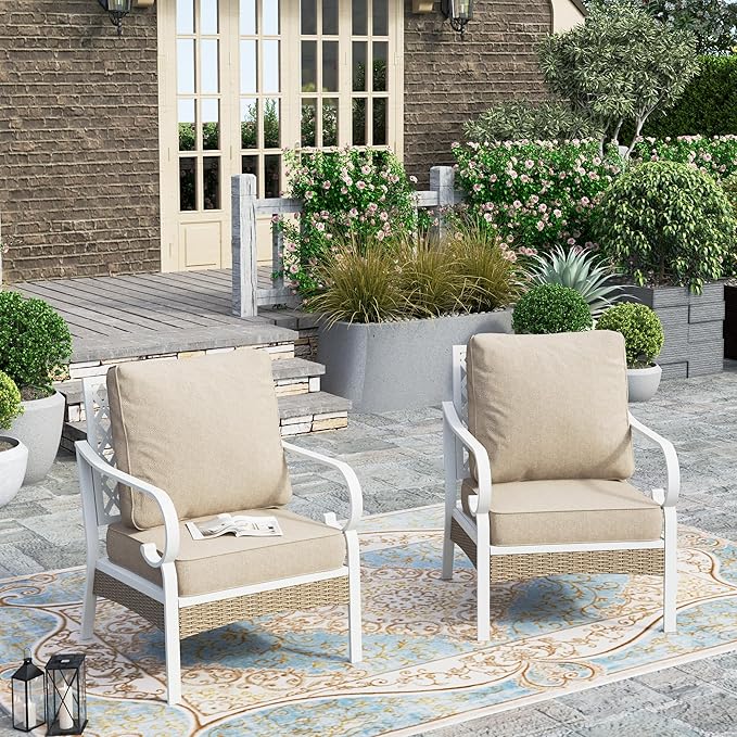 HERA'S HOUSE Patio Chairs Set of 2, High Back Outdoor Metal Frame Chairs with Cushions, All Weather Outdoor Patio Furniture for Lawn Garden Backyard Deck, Beige