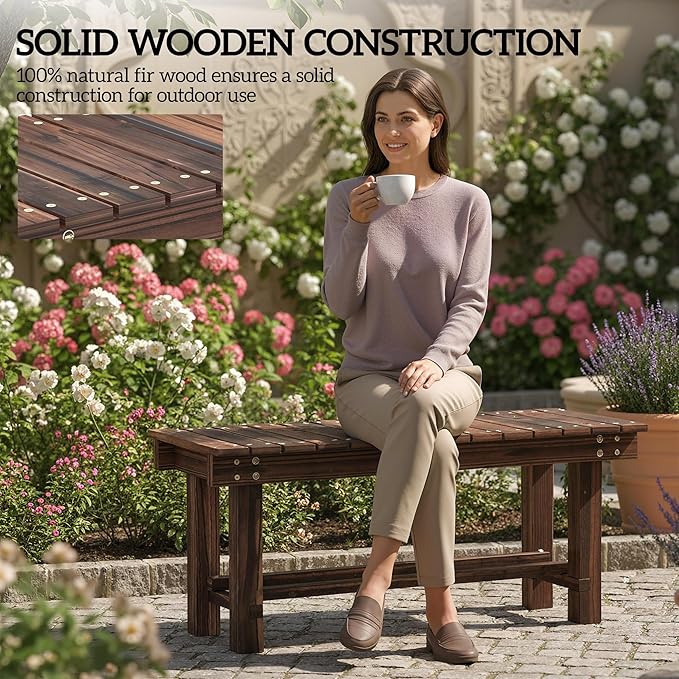 Outsunny 35.4" Wooden Garden Bench with Storage Shelf, 2 Seater, Suitable for Patio, Balcony, Outdoor Bench, Carbonized Wood
