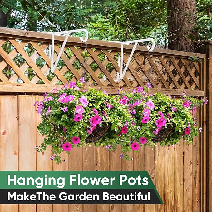 4 Pack Vinyl Fence Hooks, Heavy Duty Durable White Fence Plant Hangers for Outdoor, Over The Fence Hooks, Patio Hooks for Hanging Plants, Flower Baskets, Bird feeders, Lights, Pool Equipment