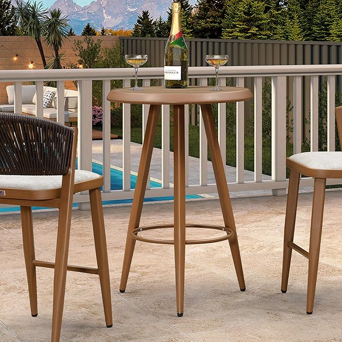 PURPLE LEAF Outdoor Round Bar Table Patio Aluminium Modern Bistro Table for Kitchen Island Patio Garden Deep Teak