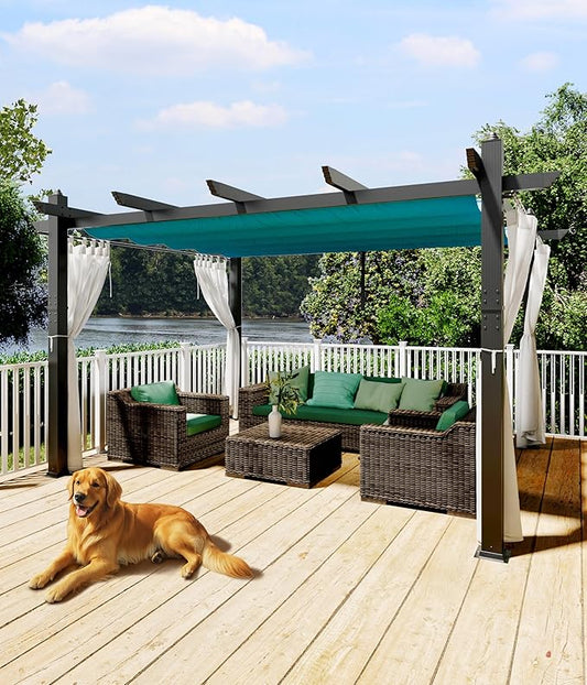 GarveeLife 10 x 13 ft Outdoor Pergol Metal Gazebo with Adjustable Canopy Reinforced Frame Outdoor Shelter for Backyard Patio Garden Deck - Blue with Curtains Mosquito Netting