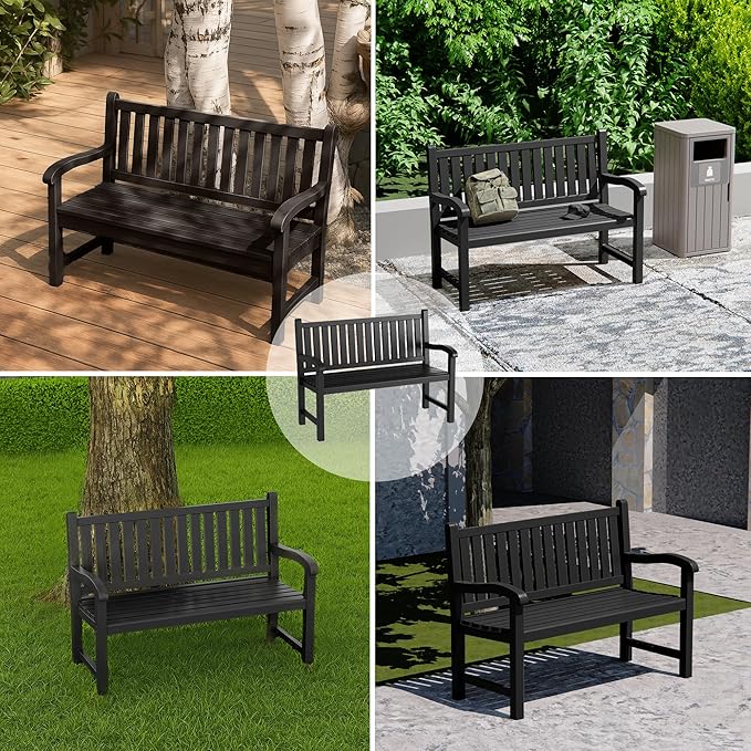 PatioZen Outdoor Bench, Waterproof & Weatherproof Garden Bench with Ergonomic Design, 2-Person Resin Bench for Porch, Deck, Patio, Outdoor, Garden & Park