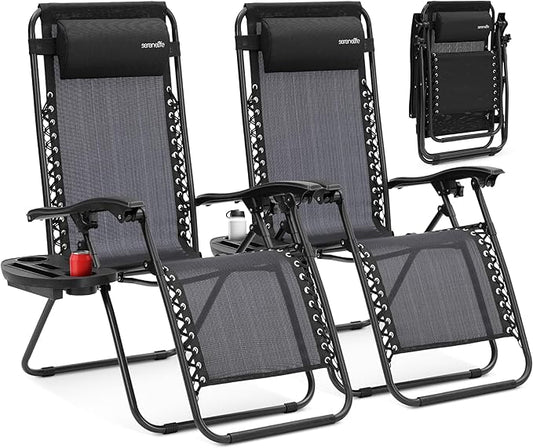 SereneLife Zero Gravity Outdoor Lounge Chairs 2 Pack – Folding Recliners with Side Table, Cup Holder & Padded Headrest – Adjustable Patio Chairs for Lawn, Garden, Deck, Camping (Black)