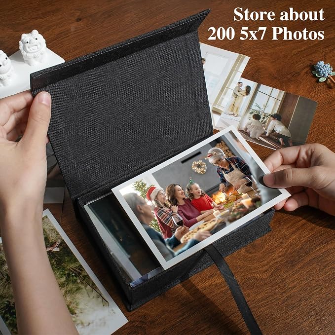 Photo Storage Box 5x7, Keepsake Box - Black | Linen Material, Connected Lid, for Photos, Certificates, Scrapbooking Supplies, Keepsakes, Jewelry