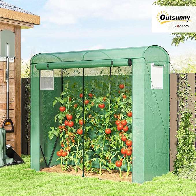 Outsunny Mini Greenhouse, Portable Greenhouse with Roll-Up Door and 2 Mesh Windows, Small Green House with PE Cover for Garden Patio Lawn, 78.7" x 29.5" x 74", Green