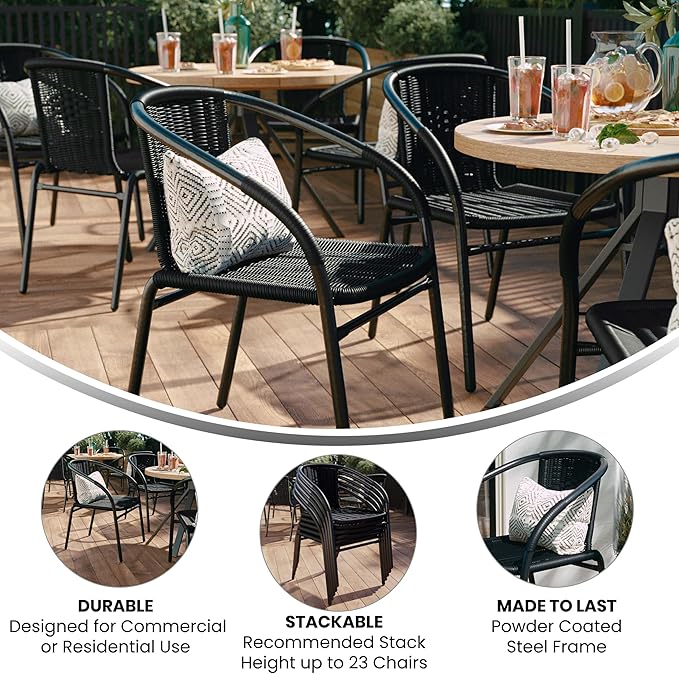 Flash Furniture Modern Rattan Indoor/Outdoor Restaurant Dining Chairs, Stackable Rattan Bistro Chairs for Patio or Restaurant, Set of 2, Black