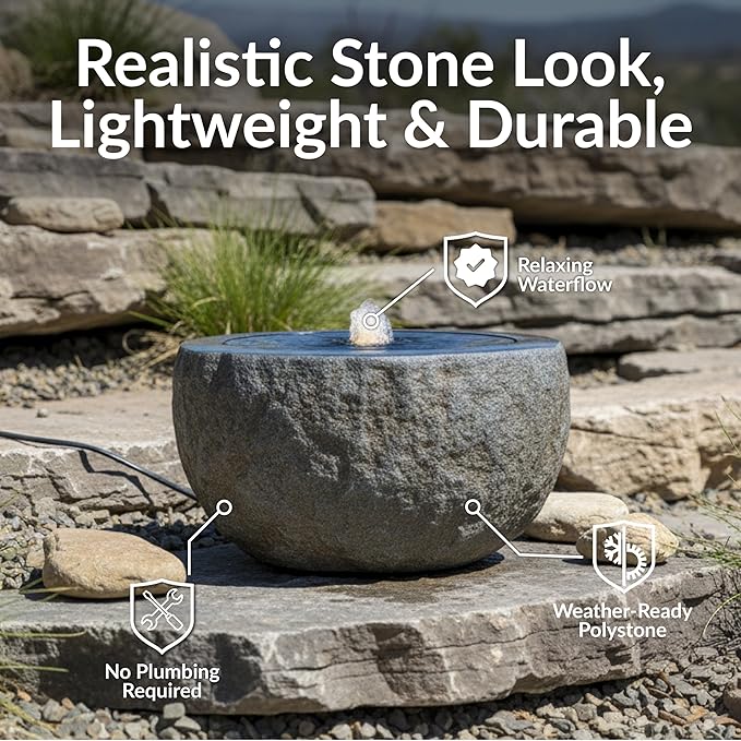 Sunnydaze Outdoor Water Fountain with LED Light - Polystone Round Bowl Bubbler Water Feature with Pump - 9.5" H - for Patio, Garden, Deck, Relaxation and Stress Relief - Gray