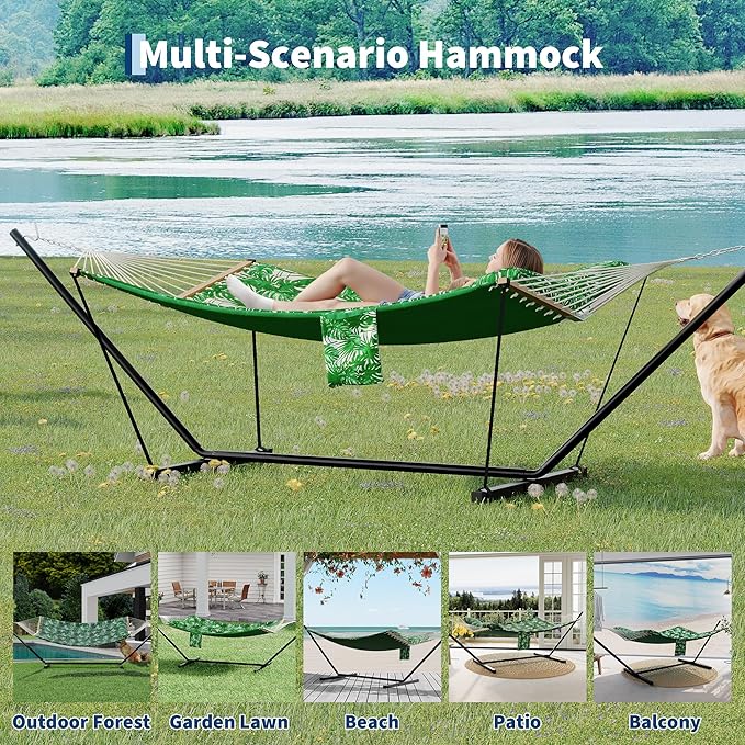 Garvee 2 Person Outdoor Hammock with Stand, Heavy Duty Portable Double Hammock with Balance Rope, MAX 450 LBS Capacity for Patio, Backyard, Garden, Beach