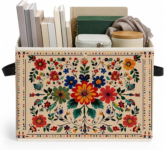 Boho Vintage Floral Storage Bins Box, Colorful Folk Art Flower Botanical Collapsible Storage Basket Clothes Toys Books Organizer for Bedroom Laundry Room Home Decor