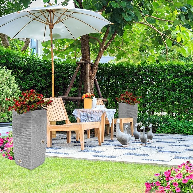 Good Ideas Impressions Riverwalk 50 Gal Plastic Rain Barrel Light Granite Bundled with 50’ Soaker Hose, Gradual Water Release, for 3/4" Spigots, Black