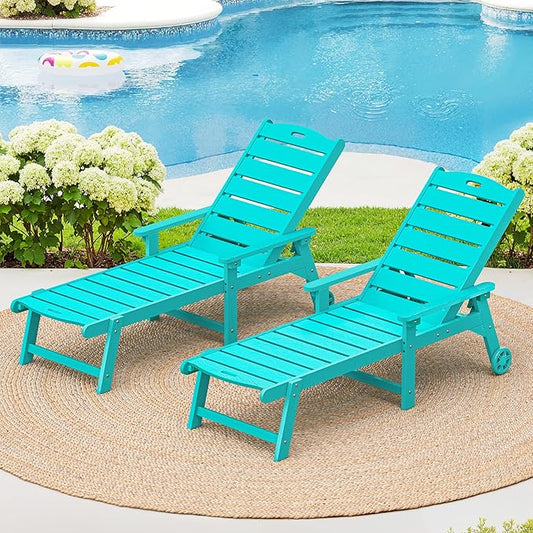 LUE BONA Outdoor Chaise Lounge Chairs Set of 2, HDPS Chaise Lounger, 5 Positions Adjustable Lounge Chairs, Pool Lounge Chair with Wheels for Poolside, Aruba Blue