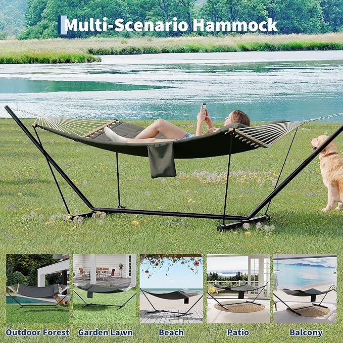 2 Person Double Hammock with Adjustable Steel Stand & Pillow, Heavy Duty Portable Outdoor Hammock Set, MAX 450 LBS Weight Capacity for Patio, Garden, Beach, Backyard