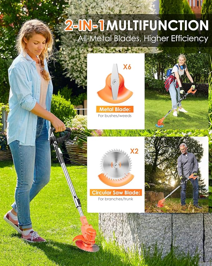 21V Cordless Weed Wacker, Lightweight 3-in-1 Grass Trimmer/Brush Cutter/Edger, Battery Powered Weed Eater with 2×2.0Ah Batteries, Foldable Electric Lawn Mower, 2 Types Blade & Wheels for Garden Yard