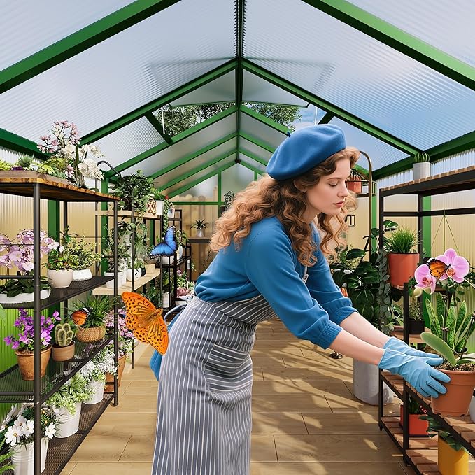 GarveeLife 6X8 FT Greenhouse for Outdoors, Polycarbonate Greenhouse with Roof Vent, Ground Nails, Lockable Push Door, Aluminum Large Walk-in Green House for Outside Garden Backyard, Patio, Lawn, Green