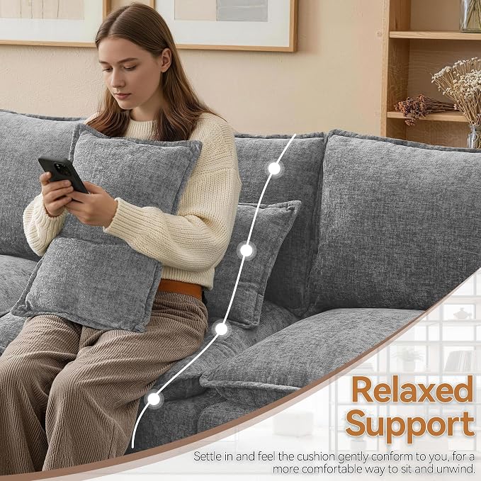 80" Modular L Shaped Storage Sofa with Ottoman, Cloud Sectional Sofa with Hidden Storage, Modern Chenille Couch with Ottoman for Living Room, Light Grey