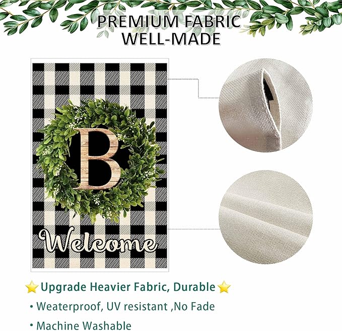 Baccessor Monogram Letter B Garden Flag 12.5 x 18 Inch, Buffalo Plaid Family Last Name Initial Boxwood Wreath Welcome Vertical Double Sided Small Flags for Outdoor Outside Decoration
