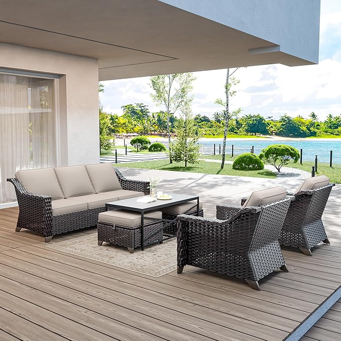 6 Pieces Wicker Patio Furniture, Luxury Outdoor Conversation Sets with 2 Patio Rattan Chair, 3-Seater Sofa, 2 Patio Ottoman and 1 Coffee Table, Wide Armrest, Thickened Cushions