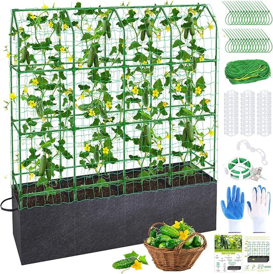 66x65x18 Inch Cucumber Trellis for Raised Bed - with 61 Gallon Grow Bags, Garden Trellis for Climbing Plants Outdoor with Climbing Net and Plant Support for Cucumber, Tomato, Vegetable, Grape, Vine