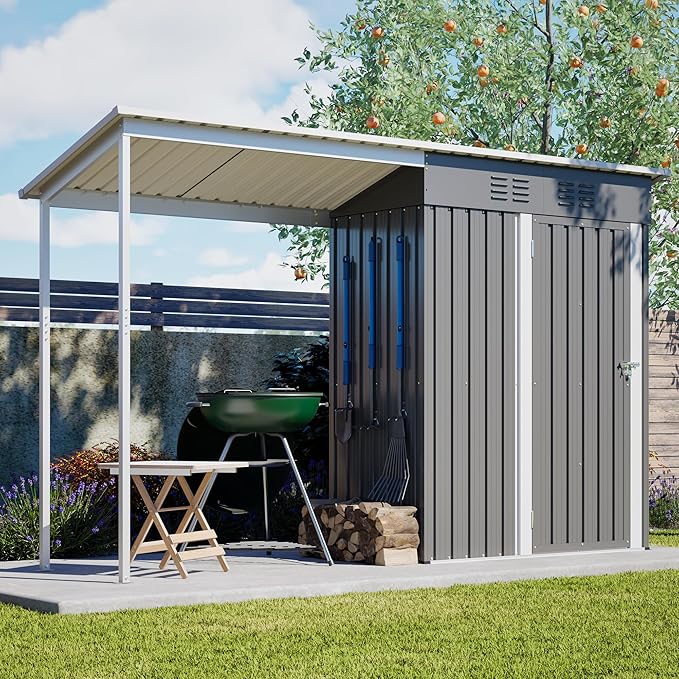 Waterproof 9.6'x2.3' Storage Shed and Gazebo Combo, Heavy Duty 2-in-1 Lean-to Tool Storage Garden House with 5'x2.3' Open Pergola, Lockable Door for Patio, Backyard, Lawn, Metal, Gray