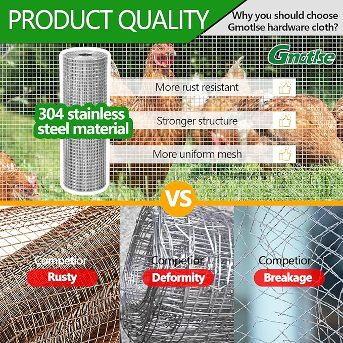 Hardware Cloth 1/4 inch 23 Gauge Small Size 304 Stainless Steel mesh Chicken Welded Wire Fencing Wire Mesh Roll Fencing Garden Fence Squirrel Tunnel Network 12in×33ft