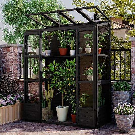 Walk-in Greenhouse for Outdoor 78 Inch Wooden Green House Cold Frame with 2 Doors 4 Openable Independent Skylights 2 Folding Middle Shelves Heavy Duty Plant Gardening Green House for Backyard, Black