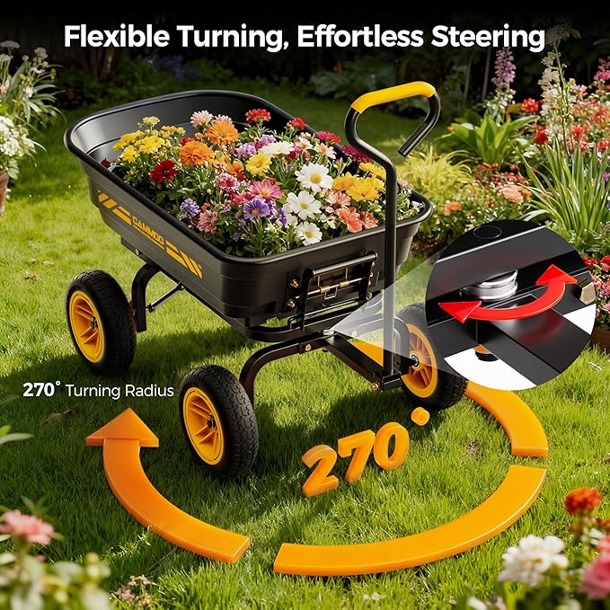 CAMMOO 10-in NO-FLAT TIRES 600lb Heavy-Duty Garden Dump Cart 4 Cu.Ft. Utility Wagon with Quick-Release Dumping & Prime Grade 100% Virgin Polypropylene - Not Recycled Material for Landscaping Gardening