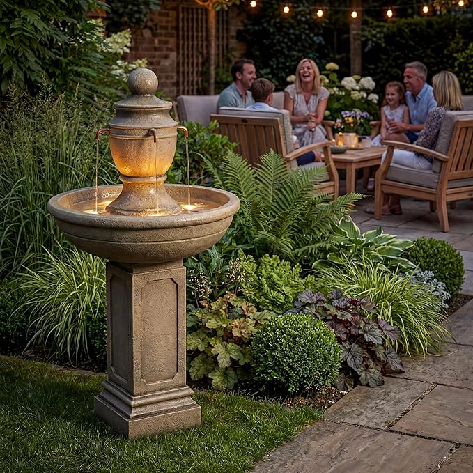35-Inch Outdoor Water Fountain, 2-Tier Modern Italian Floor Standing Resin Waterfall Fountain with Warm Light, Home Art Decor for Garden, Patio, Yard, Porch, Deck, Lawn or Balcony in Brown