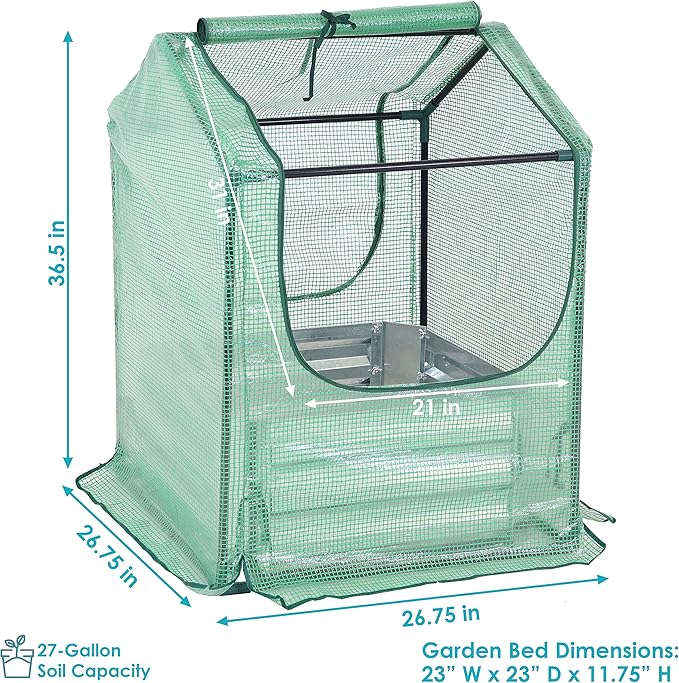 Sunnydaze Steel Raised Garden Bed with Mini Greenhouse - Outdoor Greenhouse Kit - 2 Zippered Doors - 2' x 2' - Green