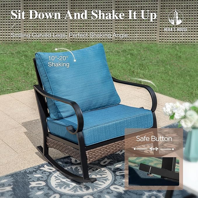 HERA'S HOUSE Patio Rocking Chairs Set of 2 with Thick Cushions, High Back Metal Outdoor Rockers, All Weather Garden Furniture for Backyard, Deck, Lawn, Peacock Blue