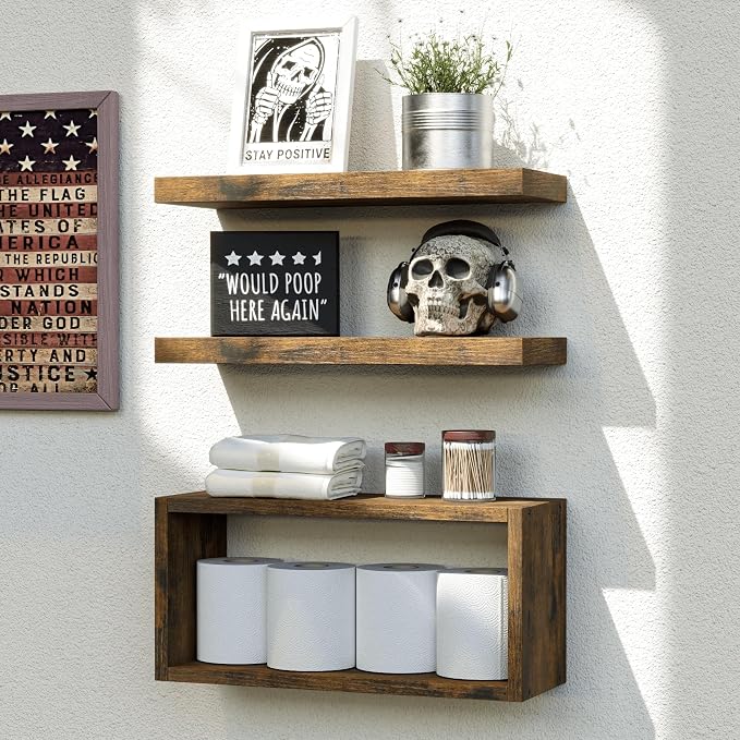 RICHER HOUSE 3-Set Brown Floating Wall Shelves, Bathroom Shelf Over Toilet | Cube Wall Mounted Shelves, Invisible Bracket, Moisture Resistant Shelves for Whterproof Bathroom Wall Decor Bedroom Storage
