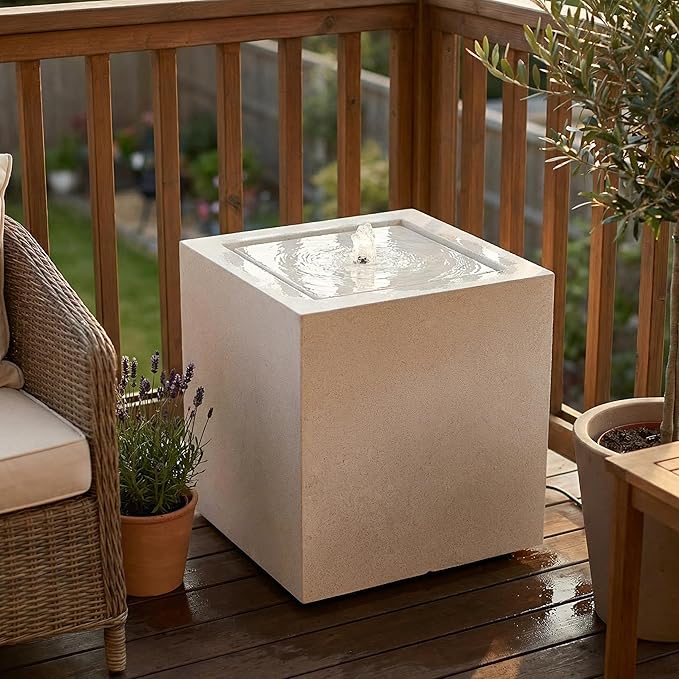 Sunnydaze Outdoor Water Fountain with LED Light - Modern Square Bubbler Water Feature with Pump - 17.5" H - for Patio, Garden, Deck, Relaxation and Stress Relief - Fog