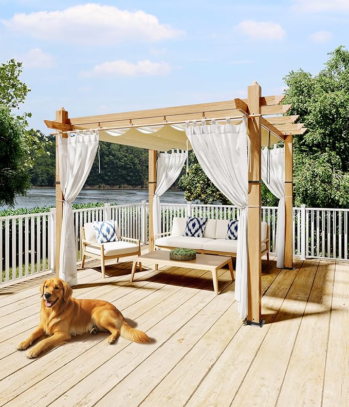 GarveeLife 10 x 10 ft Wood-Grain Aluminum Pergola Outdoor Pergola with Canopy Shelter Sun Shade for Backyard Garden Patio Deck - Beige with Netting