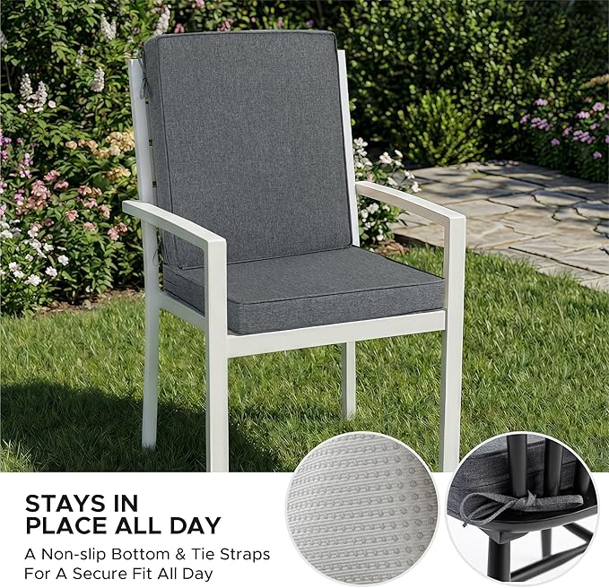 Outdoor Chair Cushions, Water-Resistant & Fade-Resistant, Patio Furniture Lawn Dining Chair Seat Replacement with Mid Back, Ties Zipper, Removable Cover, 18 x 16.5 Inch, Set of 2, Dark Grey