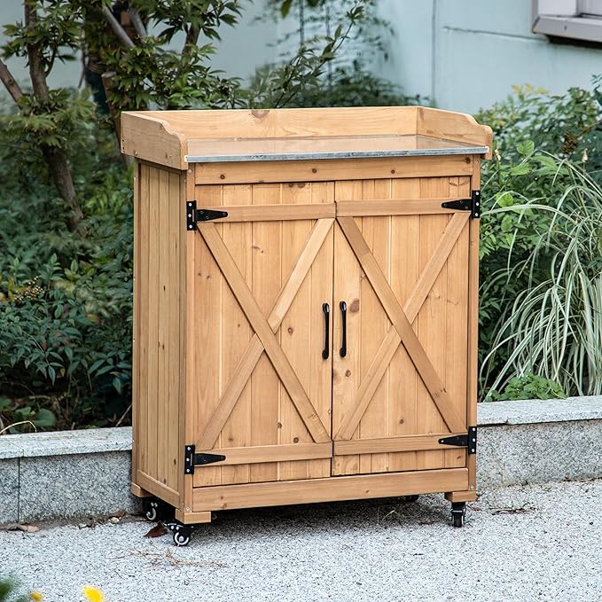 TAKUKA Outdoor Wooden Potting Bench with Wheel Double Doors & Metal Tabletop, Outside Storage Cabinet & Horticultural Planting Work Table for Garden Balcony Backyard