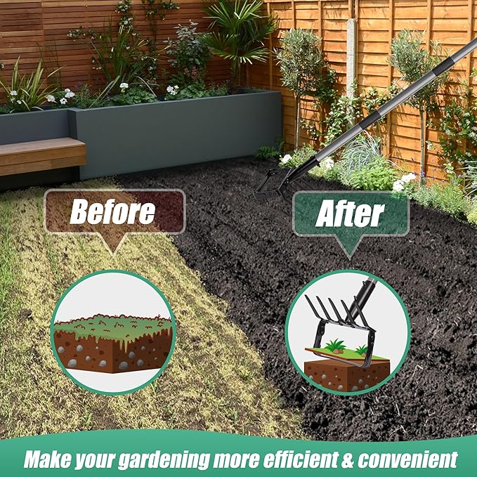 Suchtale 82 Inch Action Rake Hoe, 5-Tines Cultivator, Adjustable 37-82" Handle, Garden Weeding & Planting