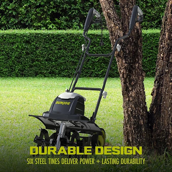 Sun Joe Corded Electric Garden Tiller & Cultivator with Steel Tines, 15.7", 15A Motor, Heavy-Duty Tilling Machine for Lawn, Yard, & Gardening, TJ605E