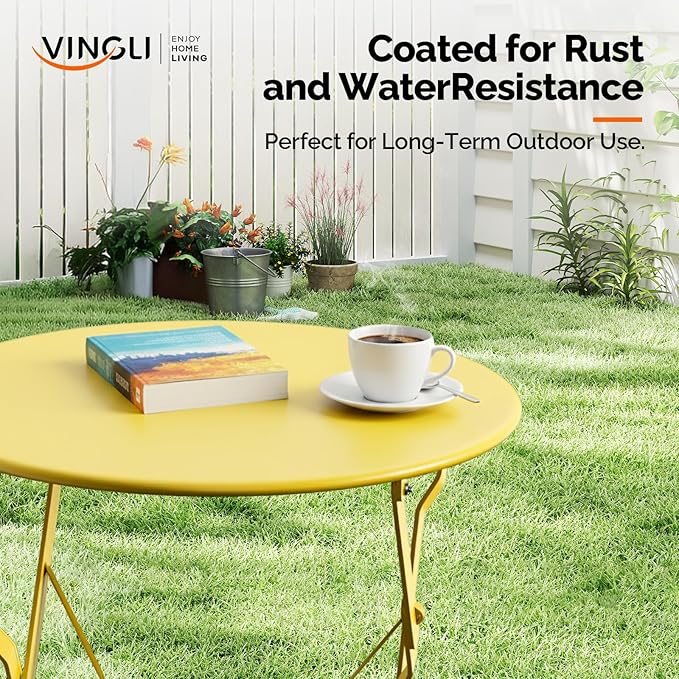 VINGLI Outdoor Folding Bistro Table and Chairs Set of 2, 3-Piece Bistro Set with Premium Steel Frame for Patio, Balcony, Garden, Porch, Yard, Yellow