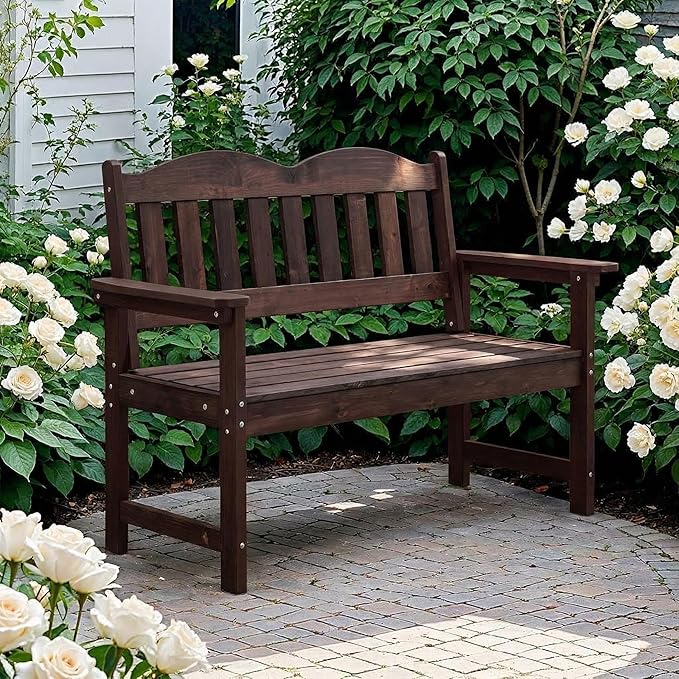 GarveeLife 2-Person Poly Lumber Garden Bench, Slatted Patio Loveseat, Weather-Resistant Outdoor Seating for Yard, Garden, Porch, Park or Backyard, Brown