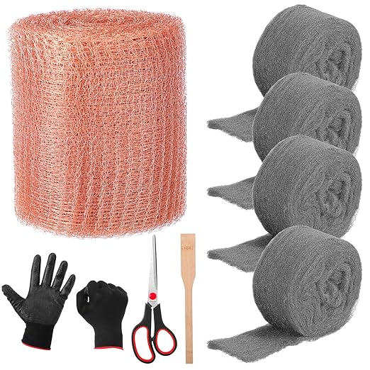 Copper Mesh Rodent Control Kit 1 Pack Rustproof Mesh Roll and 0000 Steel Wool Mouse Hole Filler with Gloves, Scissors for House Garden Home Garage(5in X 19.7ft)