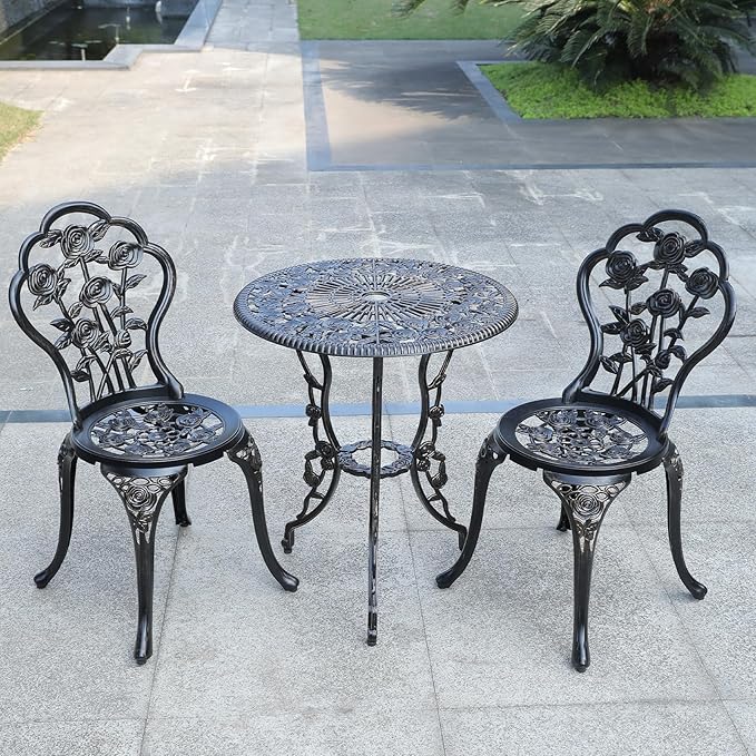 3-Piece Cast Aluminum Outdoor Bistro Set, Outdoor Table and Chairs Set of 2 with Umbrella Hole for Patio Garden (Bronze, Rose)