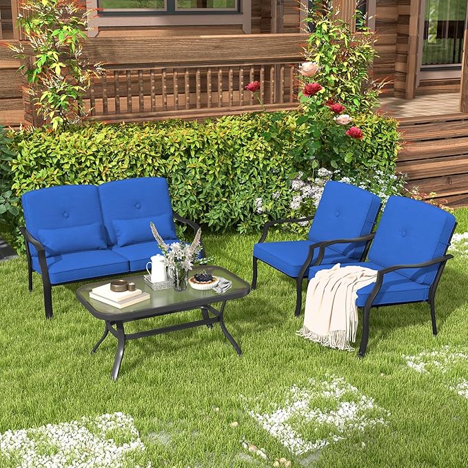 Tangkula 2 Piece Patio Metal Chairs, Outdoor Dining Chairs with Seat & Back Cushions, Heavy-Duty Metal Frame, Ergonomic Patio Sofa Chair for Yard Garden Balcony Poolside (1, Blue)