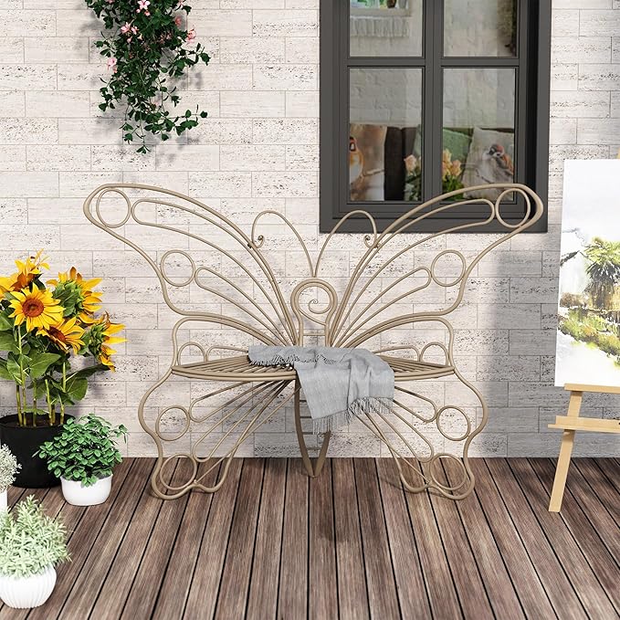 DIBRATY 50 Inches Outdoor Bench, Garden Bench with Sturdy Iron Metal Frame, Pretty Butterfly Bench Front Porch Bench for Porch,Lawn,Garden,Yard