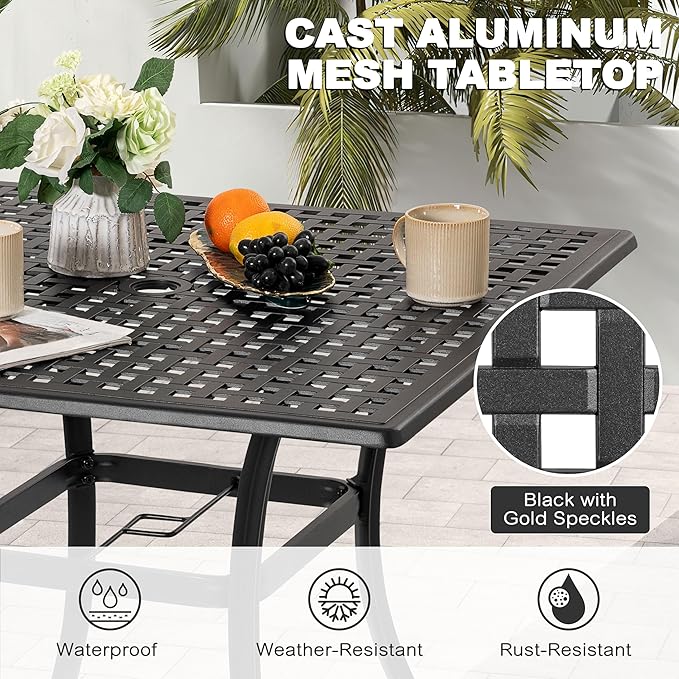 NUU GARDEN 35 Inch Square Cast Aluminum Outdoor Dining Table for 4 with Umbrella Hole and Mesh Top, Patio Table for Garden Backyard Poolside, Black with Gold Speckles